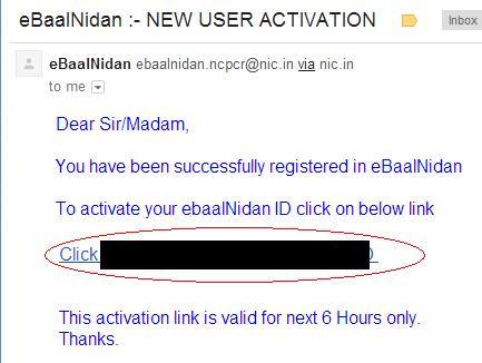 subject ebaalnidan :- NEW USER ACTIVATION on the email address with which he/she has registered on ebaalnidan.