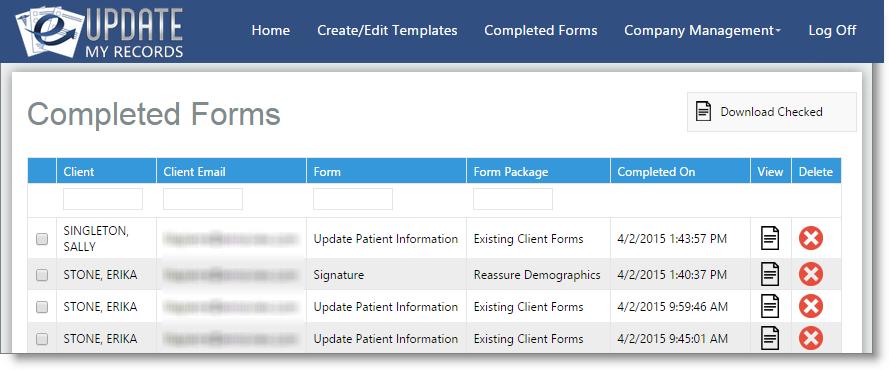 12 UpdateMyRecords.com - Envision Cloud Medspa Forms Completed Forms When forms have been completed, they can be viewed both in the Envision Cloud program and on the UpdateMyRecords.com website.