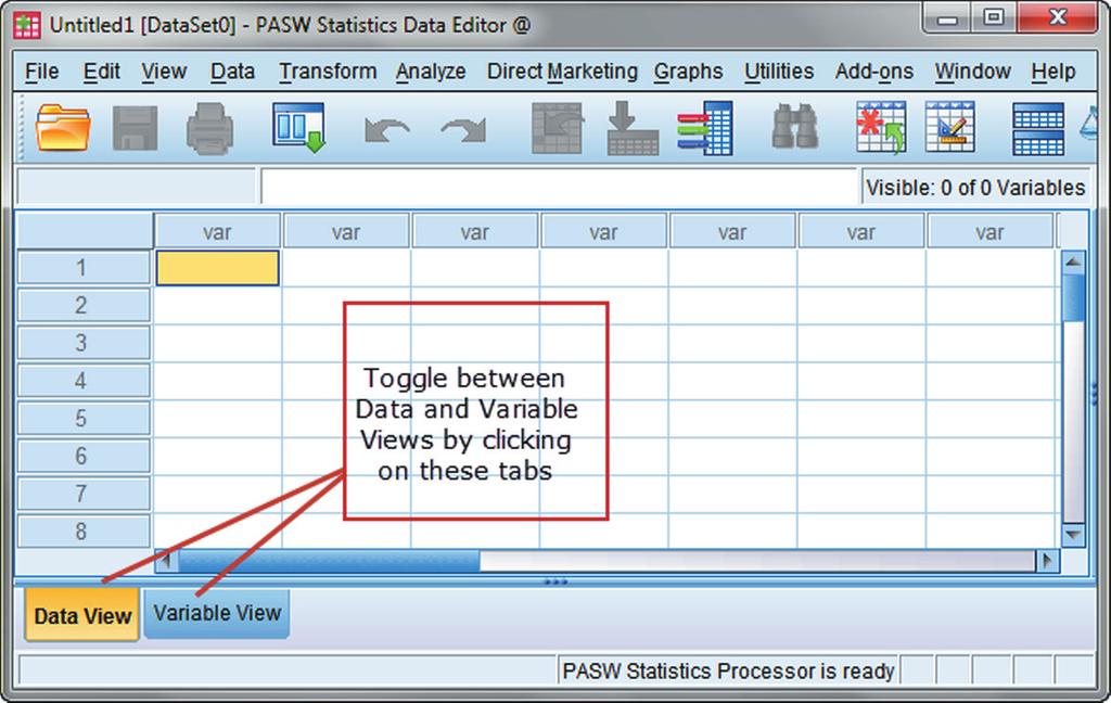 2 Chapter 1 you start SPSS, and where you type in data; and (2), the Variable View, where you define variable attributes.