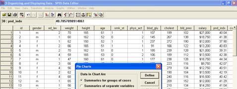 From the menus choose: Graphs Pie Select Summaries for groups of cases and then Select Define.