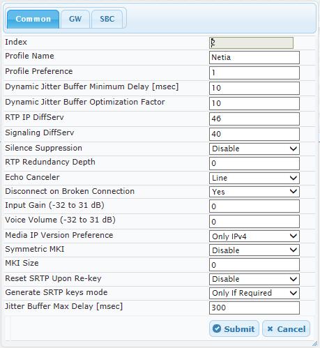4. Configuring AudioCodes E-SBC 5. Configure an IP Profile for the Netia SIP Trunk: 6. Click Add. 7.