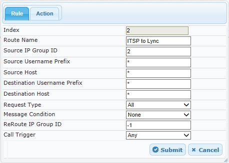 Figure 4-40: Configuring IP-to-IP Routing Rule for Lync to ITSP Action tab 10. Configure a rule to route calls from Netia SIP Trunk to Lync Server 2013: 11. Click Add. 12.