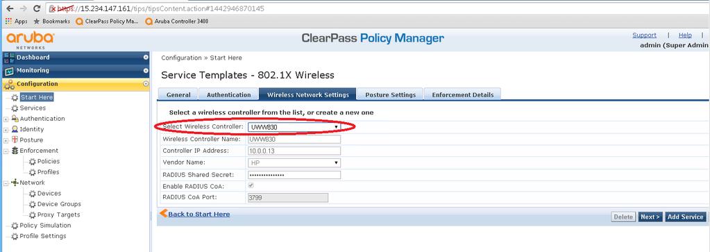 802.1X Service Template Wireless Network Settings Skip Posture Setting Tab and select Enforcement Details.