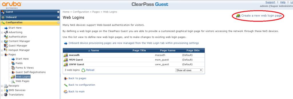 Figure 40. Create Guest Web Login Page Enter a Name and a Page Name.