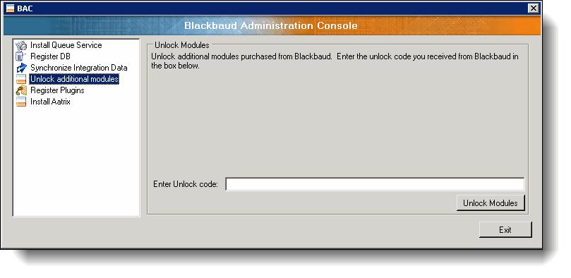 12 C HAPTER Unlock Optional Modules When you purchase an optional module or additional user license from Blackbaud, you are given a code.