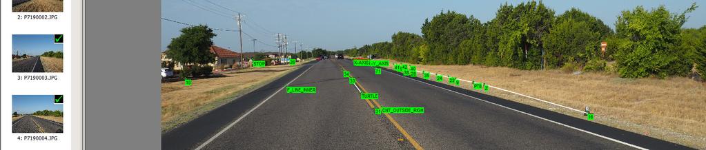 1 and 2. Figure 1 is a screen grab from iwitness showing the roadway; measured feature points, markers and natural features (indicated by green labels); and the bank of trees.