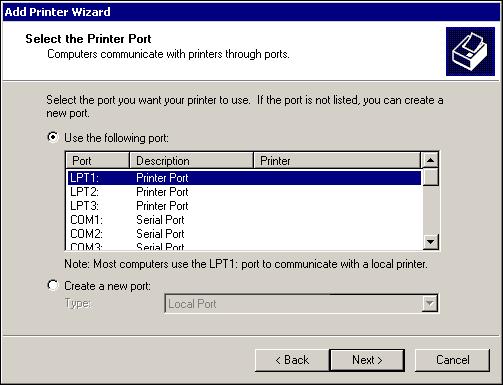 INSTALLING PRINTER DRIVERS 12 4 Select LPT1 and click Next. 5 Click Have Disk in the dialog box displaying lists of manufacturers and printers.