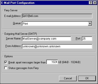 PRINTING UTILITIES 32 6 Type the basic information required to set up the e-mail port. Fiery s E-mail Address: Type the e-mail address of the Fiery.