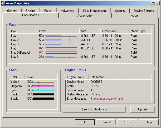 PRINTING 56 Viewing the copier status You can view the status of the copier consumables from the PostScript printer driver. You can also monitor the paper level in each tray from Job Monitor.