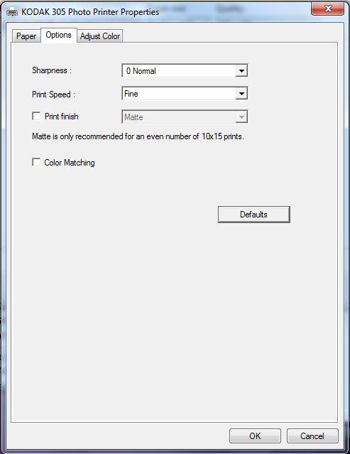 Using the Printer Driver with the WINDOWS Operating System Setting the Options on the Options Tab You can select the following options on the Options tab: Sharpness sets an amount of None, -3 Soft,