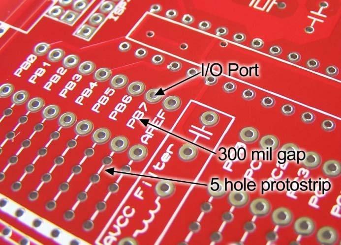 Figure 9. 300 mil gap between I/O port and protostrip 3.7. Positive and Ground power rails As with other Protostack boards, positive and ground power rails are routed throughout the board.