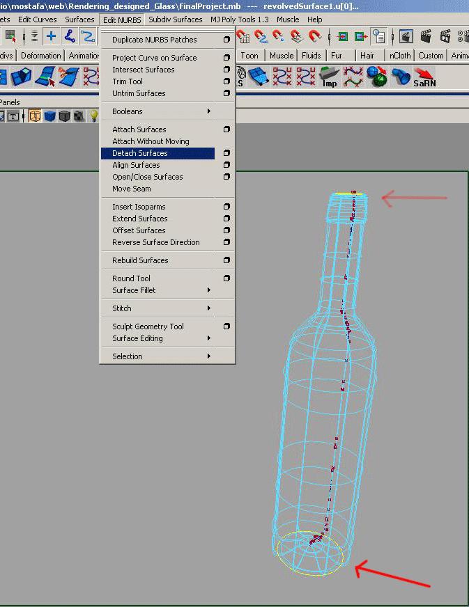 Now right click on the object and select Isoparm. Select the Isoparm shown in the image below and the follow the address to detach the surface.