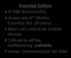 all users) Basic call control on mobile devices 128-party ad hoc conferencing available Avaya Communicator for ipad Preferred Edition Web collaboration