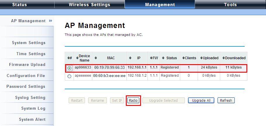 screen shows up. The ZAC Access Point AP in Virtual AC+Thin AP mode on the list is highlighted in bold font.