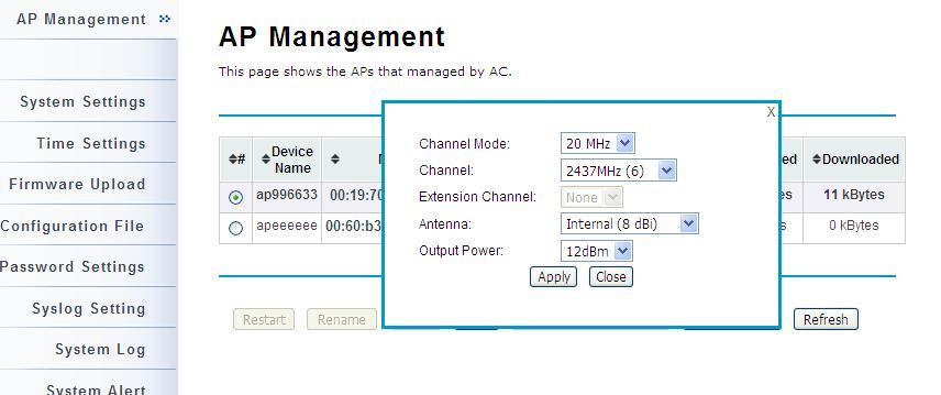 Besides radio setting, you may also reboot the managed AP, change its IP address and perform firmware upgrade for managed AP.