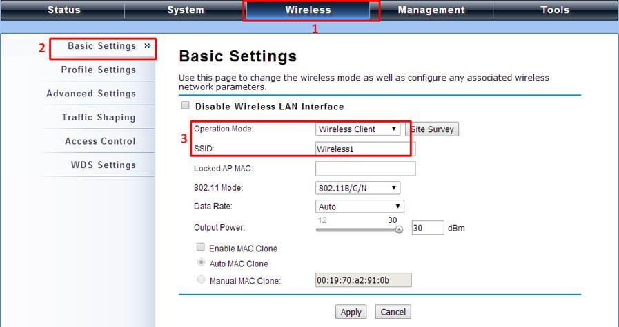 Wireless Client Mode 1. Go to Wireless > Basic Settings and choose Wireless Client from Wireless Mode. Specify the SSID that you would like connect. Click Apply to save the configuration.