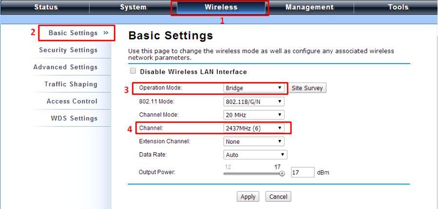 Bridge Mode 1. Go to Wireless > Basic Settings. Choose Bridge from Wireless Mode, choose a clean channel. Click Apply to save configuration. 2.