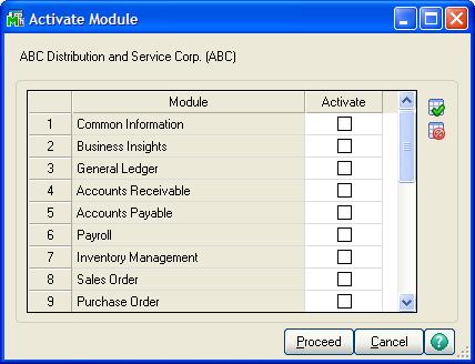 ... Chapter 9 Performing System Startup 6 In the Activate Module window, select the module(s) to activate and click Proceed. This process creates data files for each selected module for the company.