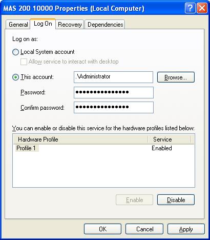 APPLICATION SERVER OVERVIEW Configuring as a Service... Change the logon user to the domain user that was created previously to run the Sage MAS 200 Application Server.