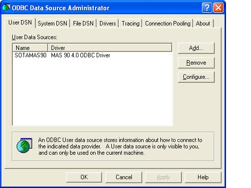 ... Chapter 4 Configuring the Client/Server ODBC Driver d On the User DSN tab, double-click the SOTAMAS90 item.