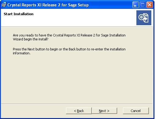 ... Chapter 5 Installing Crystal Reports 6 Click Next to begin the installation process.