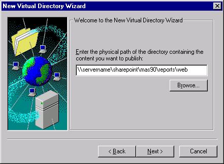 Right-click the Server Name\Default Web Site directory and click New\Virtual Directory. 2 Type the name of the virtual directory, and then click Next.