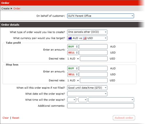 Creating a One Cancels Other (OCO) order Under Order details: 1. Select One Cancels Other (OCO) from the drop-down menu 2.