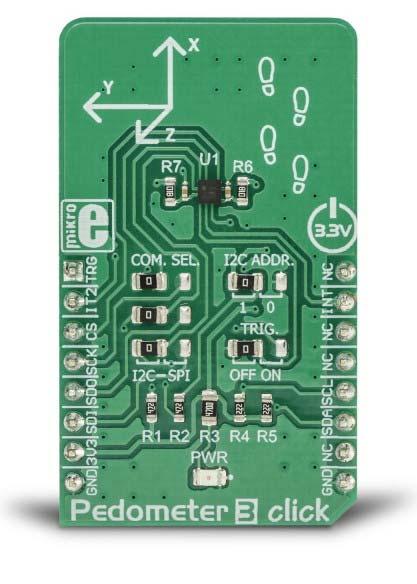 Pedometer 3 Click PID: MIKROE 3259 Weight: 24 g The Pedometer 3 click is a tri-axis acceleration sensing Click board utilizing the KX126-1063.