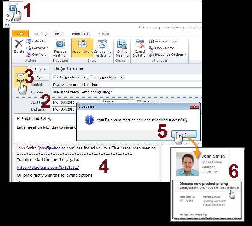 Schedule Meetings from Outlook Click here to download the Add-in file 1. Click the Blue Jeans Add-in button at top to open a new event. 2.