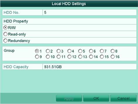 7. Select the Group number for the current HDD. The default group No. for each HDD is 1. 8. Click the OK button to confirm the settings. Figure 11. 15 Confirm HDD Group Settings 9.