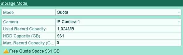 11.5 Configuring Quota Mode Purpose: Each camera can be configured with allocated quota for the storage of recorded files or captured pictures. 1. Enter the Storage Mode interface.