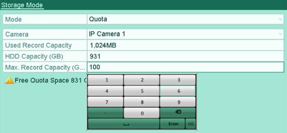 Select a camera for which you want to configure quota. 4. Enter the storage capacity in the text fields of Max. Record Capacity (GB) and Max. Picture Capacity (GB), as shown in Figure 11. 18.