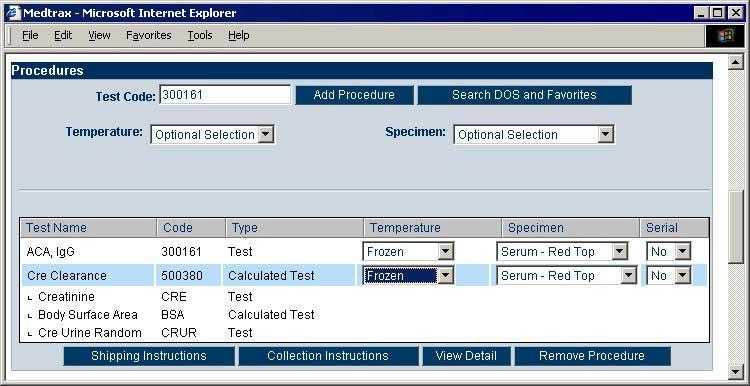 Ordering Tests Figure 19: Select specimen type and temperature To select specimen types for a test 1. In the list of tests, note the Temperature and Specimen columns.