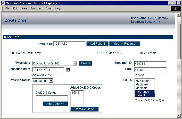 Billing and Insurance When you store a patient's billing and insurance information in Medtrax, the correct billing information automatically appears on the requisition.