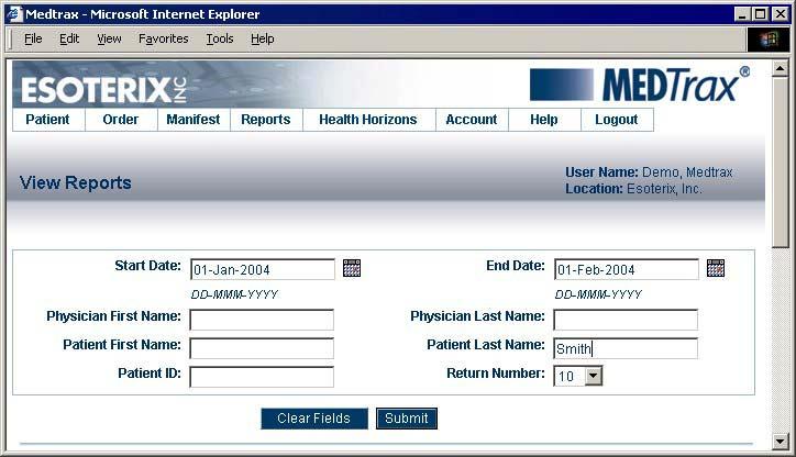 Reports Searching for reports Use the Search feature to locate a particular report. You can search by patient, physician or date reported. Figure 46: Search for reports To search for a report 1.