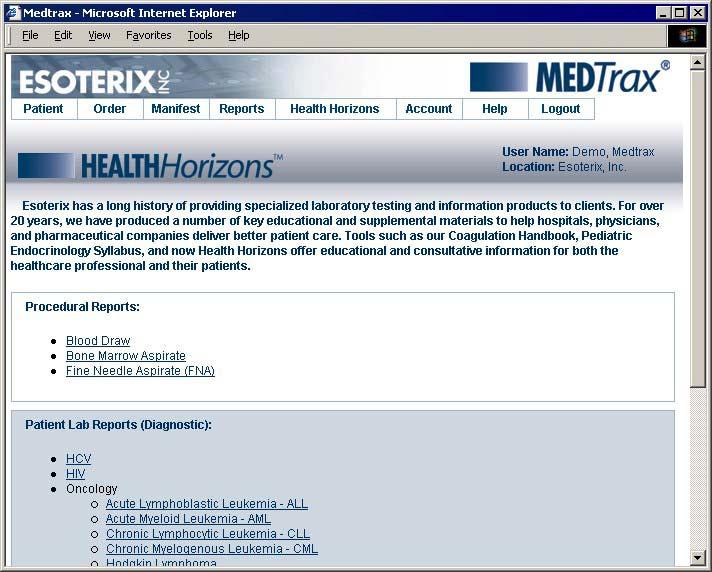 To access Health Horizons through Medtrax, click the Health Horizons menu.