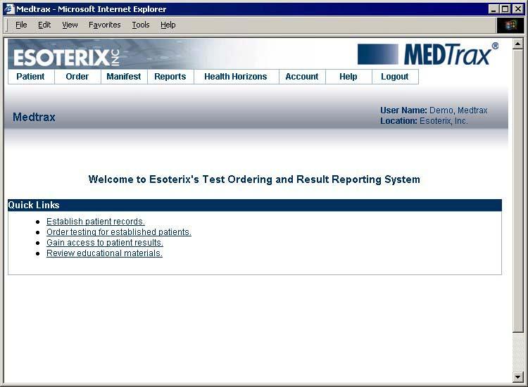 Getting Started Figure 5: Change Password page Quick Links Once you have logged in to Medtrax, the Medtrax main page appears, as shown in Figure 6.