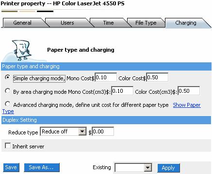 Configure Printer Charge Properties Printer charge properties: Inherit server settings: Under selected status, all settings inherits server charge settings and cannot be modified.