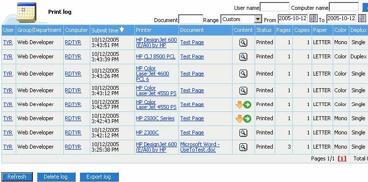 Print Log Print log records all printing history by system. View report from selected date range.