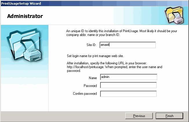 Administrator Settings You can input the Site ID, and assign the administrator name / password. The default user name is "admin" and the password is blank.