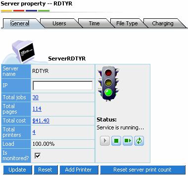 Basic Properties Configuration for Server General Information General information shows server's basic information including server name, IP, total tasks, total pages, total charge, printer numbers,
