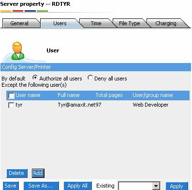 Server Property---Users User -- All users are authorized to use, except for those listed.