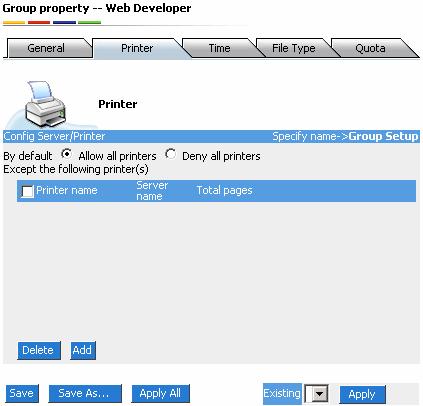 Configure Printer Properties of User Group All printers are authorized to use: except for those listed.