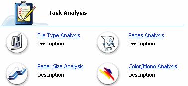 Task Analysis 1.File Type Analysis Analyze print by document type. For example, doc, txt, wps. 2.Pages Analysis Analyze print by total page print out.