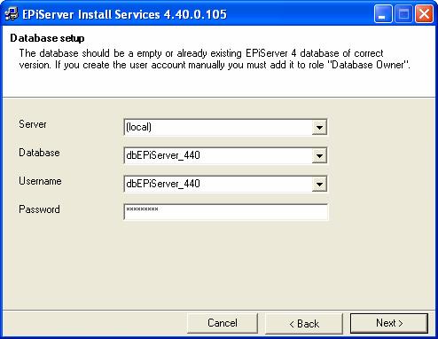 6 Getting Started with EPiServer 4 10. Type the path to the machine that the database you intend using is installed on in the Server box. If the database is local, i.e. on the same machine you intend installing EPiServer, type (local).