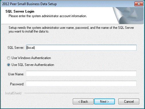Installation Instructions Database Server Use this screen to enter the name of the SQL Server and to configure authentication options. To configure login options, follow these steps: 1.