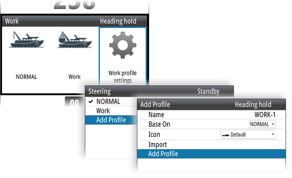 5 Work profiles A work profile is a set of steering parameters. You can change the active work profile to adapt the autopilot steering characteristics to different operational conditions.