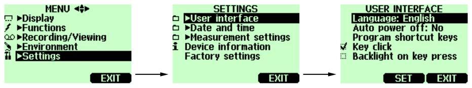 Chapter 6 Settings User Interface Figure 9 User Interface Settings Menus 0505-229 Selecting Language You can select any of the following languages as a user interface language: English, German,