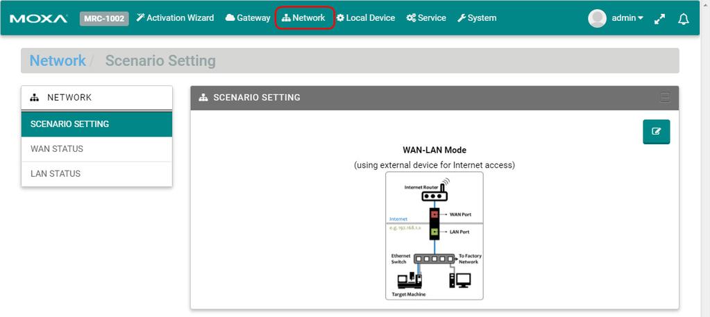 Network Users can change the network scenario settings and check the WAN/LAN status from the Network settings page.