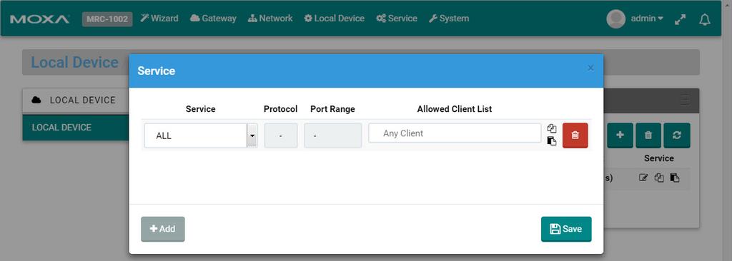 Local Device Users can also setup service-based access control of the devices.